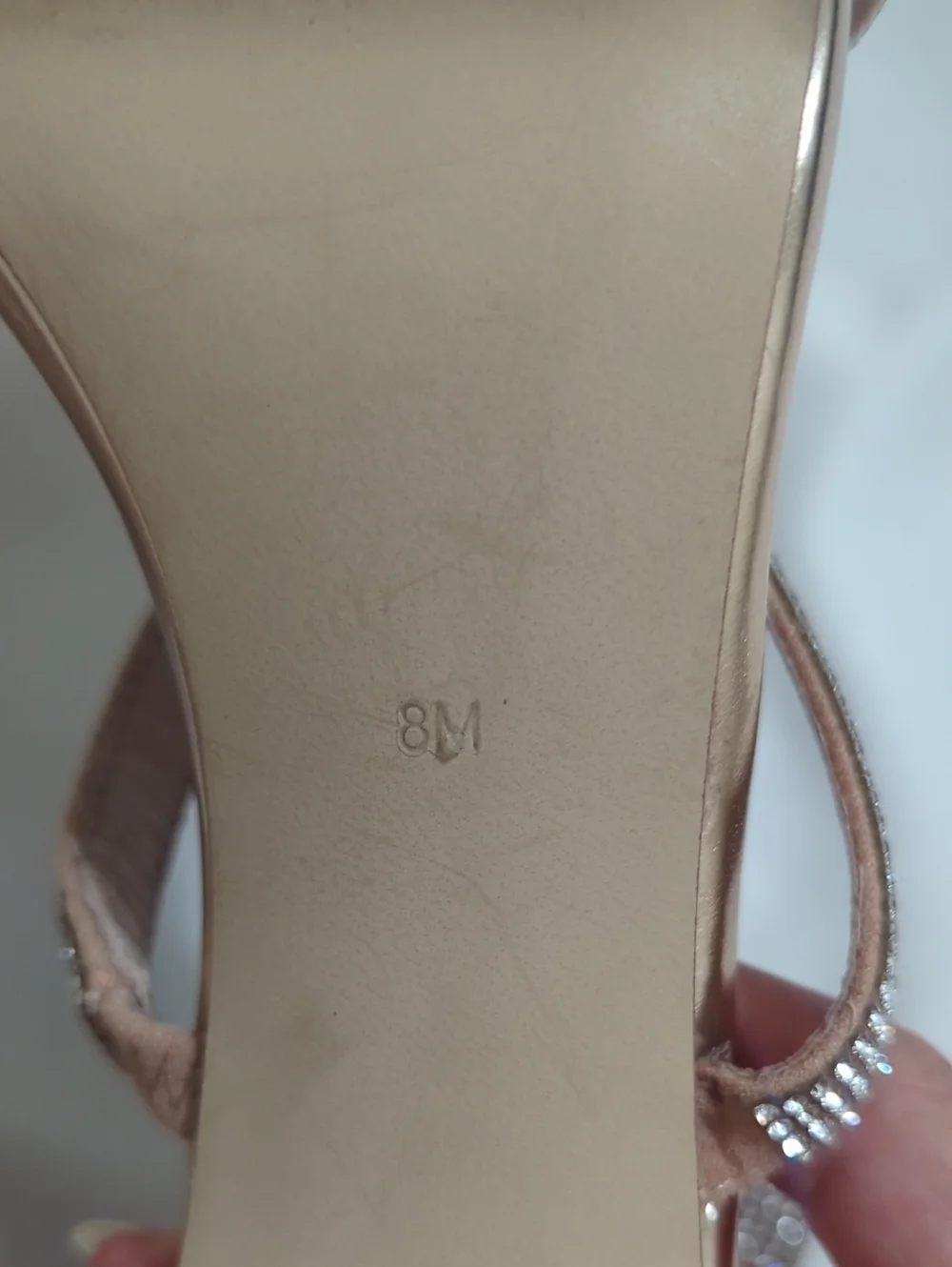 Steve Madden Smokin Rhinestone Ankle Strap Heels, Color Rose Gold Size 6.5